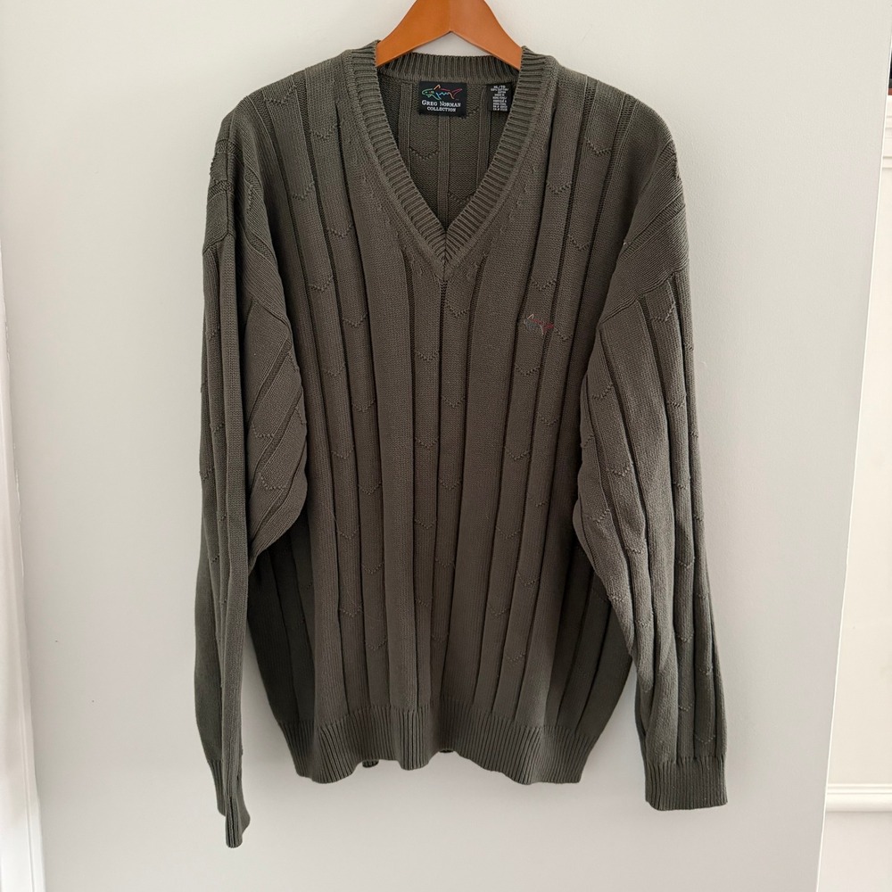 Greg Norman Collection Mens XL V-Neck Sweater Olive Green Cotton Ribbed Shark